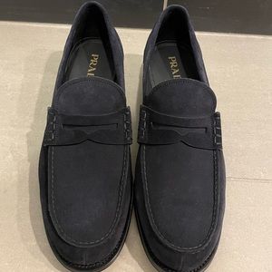 Authentic Brand New PRADA penny loafer shoes, blue suede, size 11